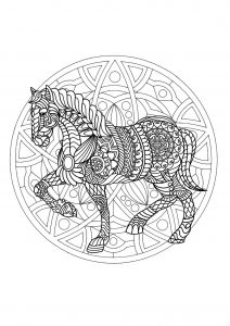 Complex Mandala coloring page with horse - 1