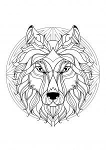 Complex Mandala coloring page with wolf head - 1
