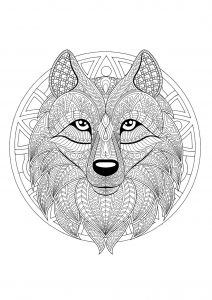 Complex Mandala coloring page with complex wolf head - 2