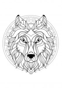 Complex Mandala coloring page with wolf head - 3