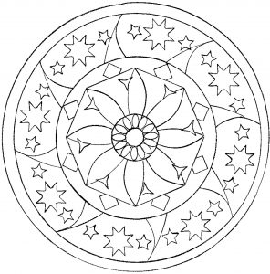 Mandala coloring page with stars and big flower