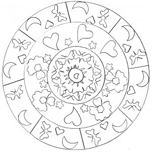 Cute Mandala drawing with moon, heart and stars