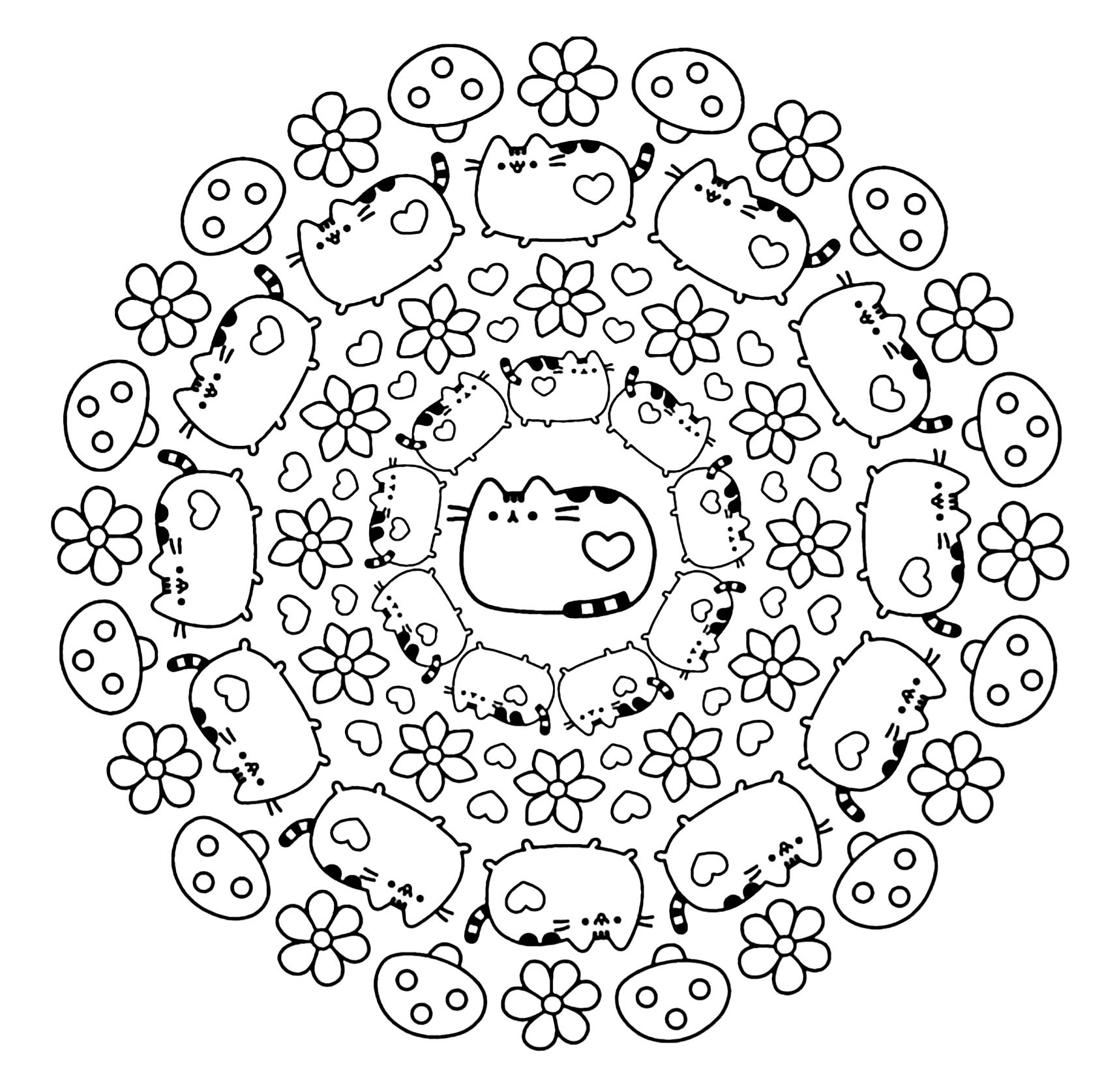 Pusheen cats. A beautiful Mandala coloring page, of great quality and originality. It's up to you to choose the most appropriate colors. You must clear your mind and allow yourself to forget all your worries and responsibilities.