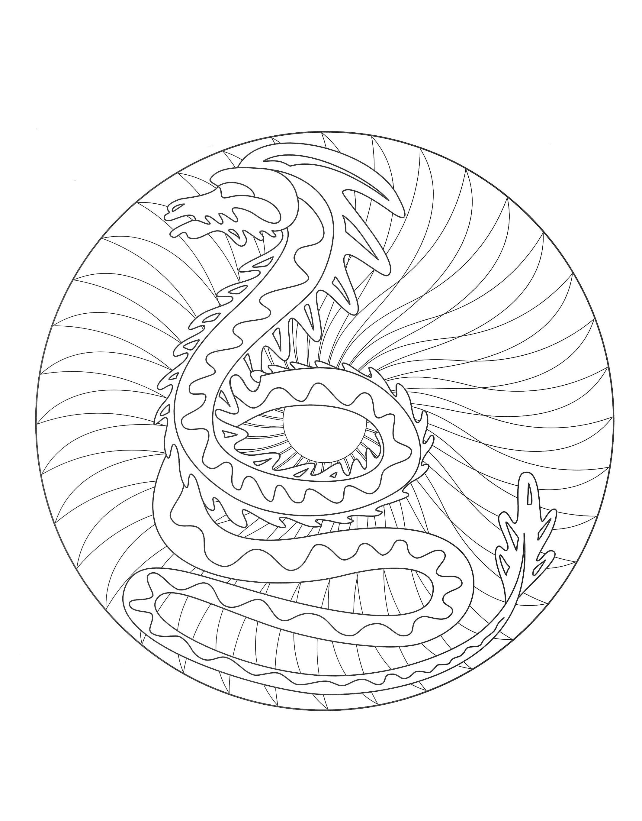 Dragon Mandala Coloring page to print & color. Get ready for a relaxing moment with this beautiful Mandala coloring page composed of this imaginary creature.