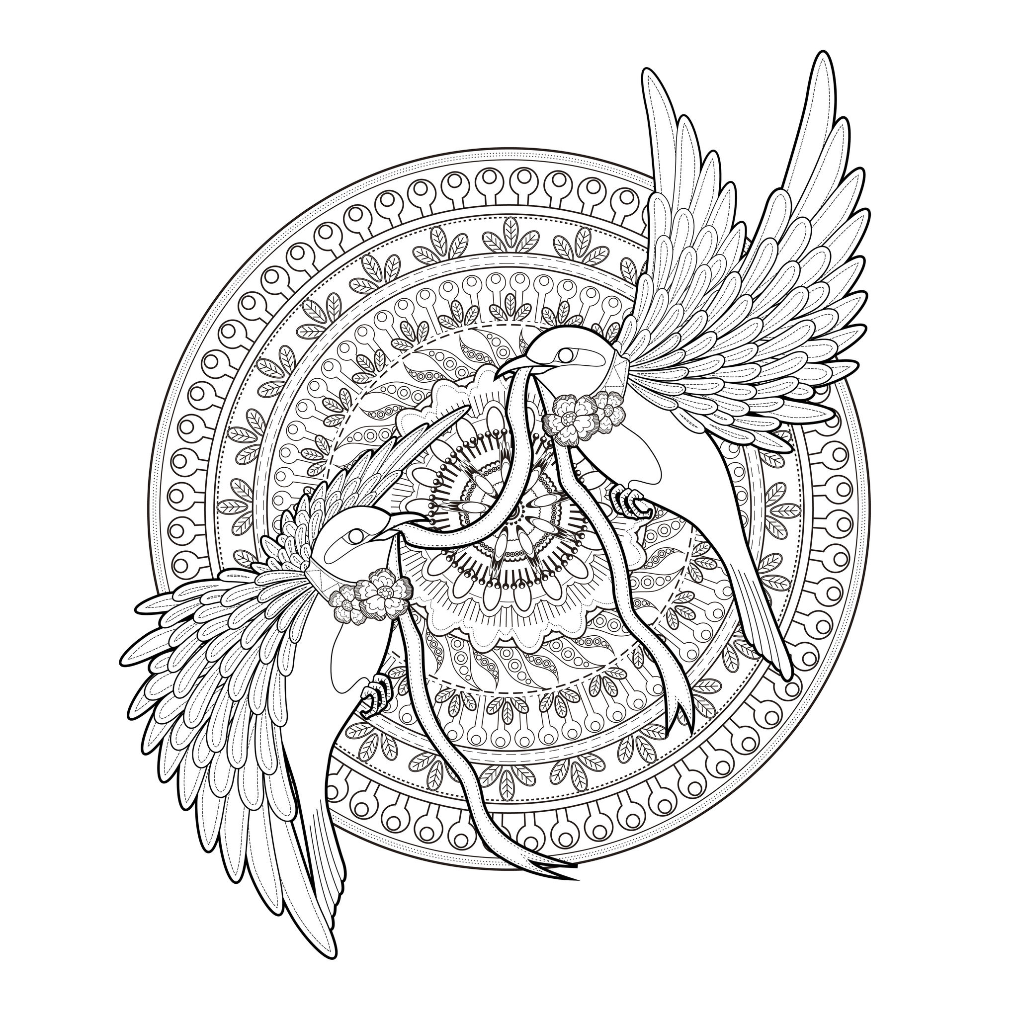 These peaceful swallows are ready to be colored in this incredible Mandala, you can print it and let your creativity guide you.