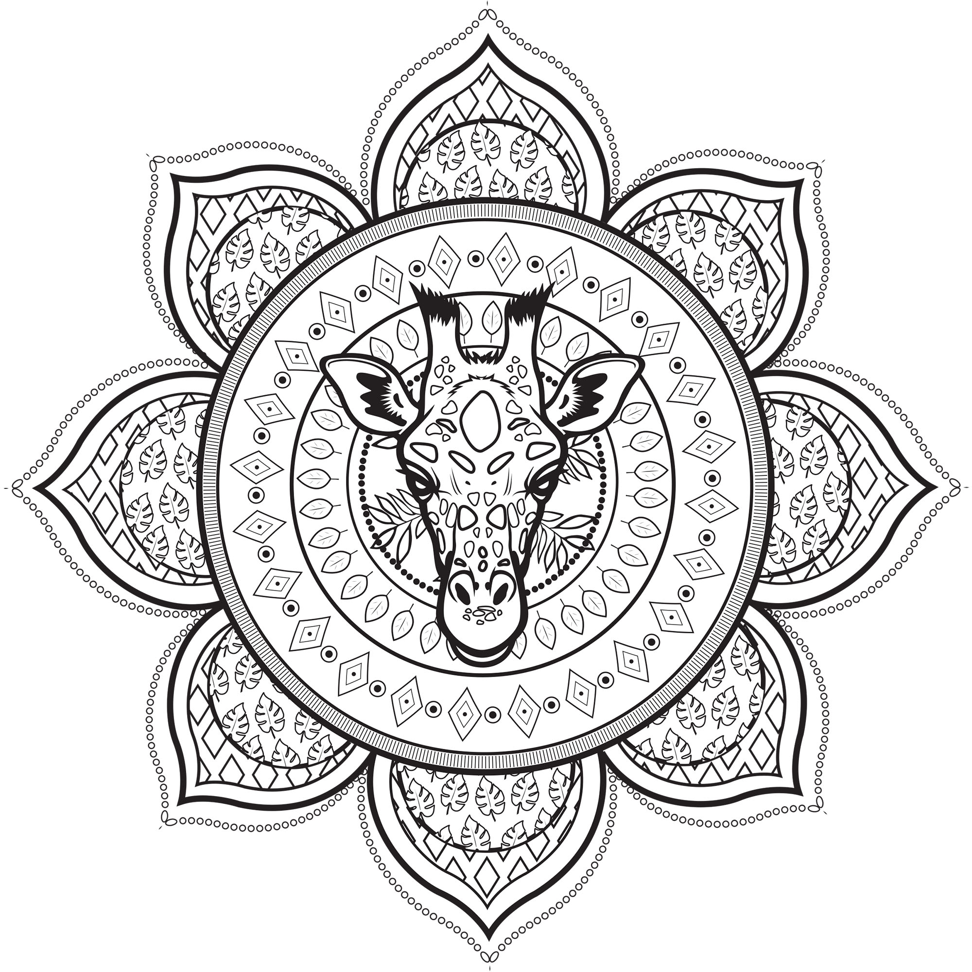 A beautiful Mandala coloring page with a giraffe head, of great quality and originality. It's up to you to choose the most appropriate colors. Color also all the patterns and leaves of this design !