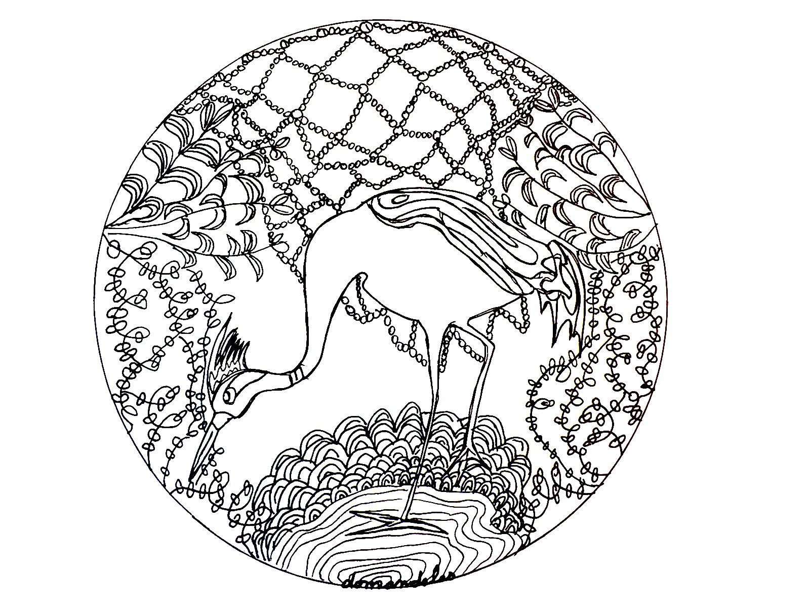 The Heron : a beautiful Mandala coloring page, of great quality and originality. It's up to you to choose the most appropriate colors. You must clear your mind and allow yourself to forget all your worries and responsibilities.