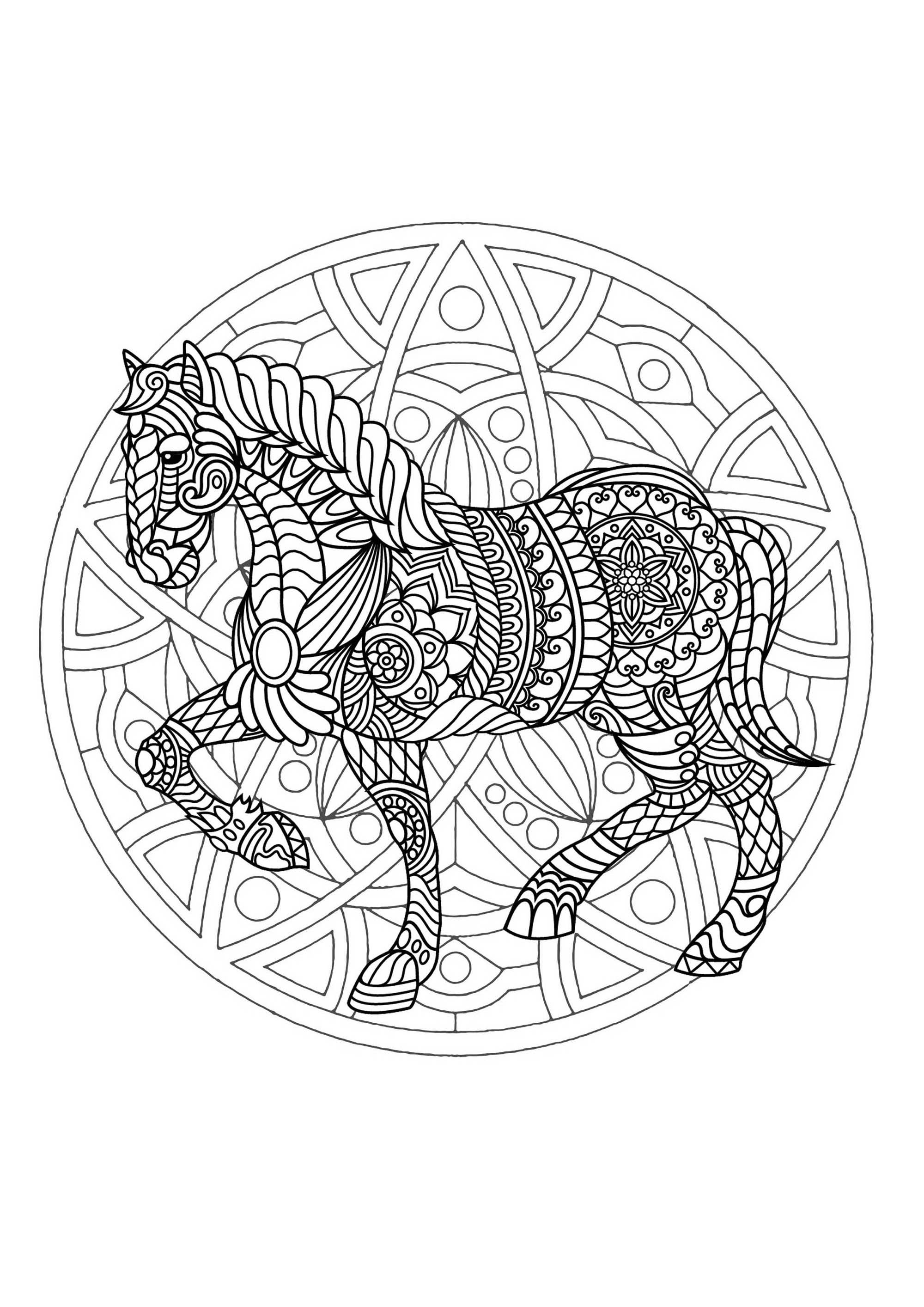 A beautiful Mandala coloring page with a beautiful horse, of great quality and originality. It's up to you to choose the most appropriate colors. You must clear your mind and allow yourself to forget all your worries and responsibilities.
