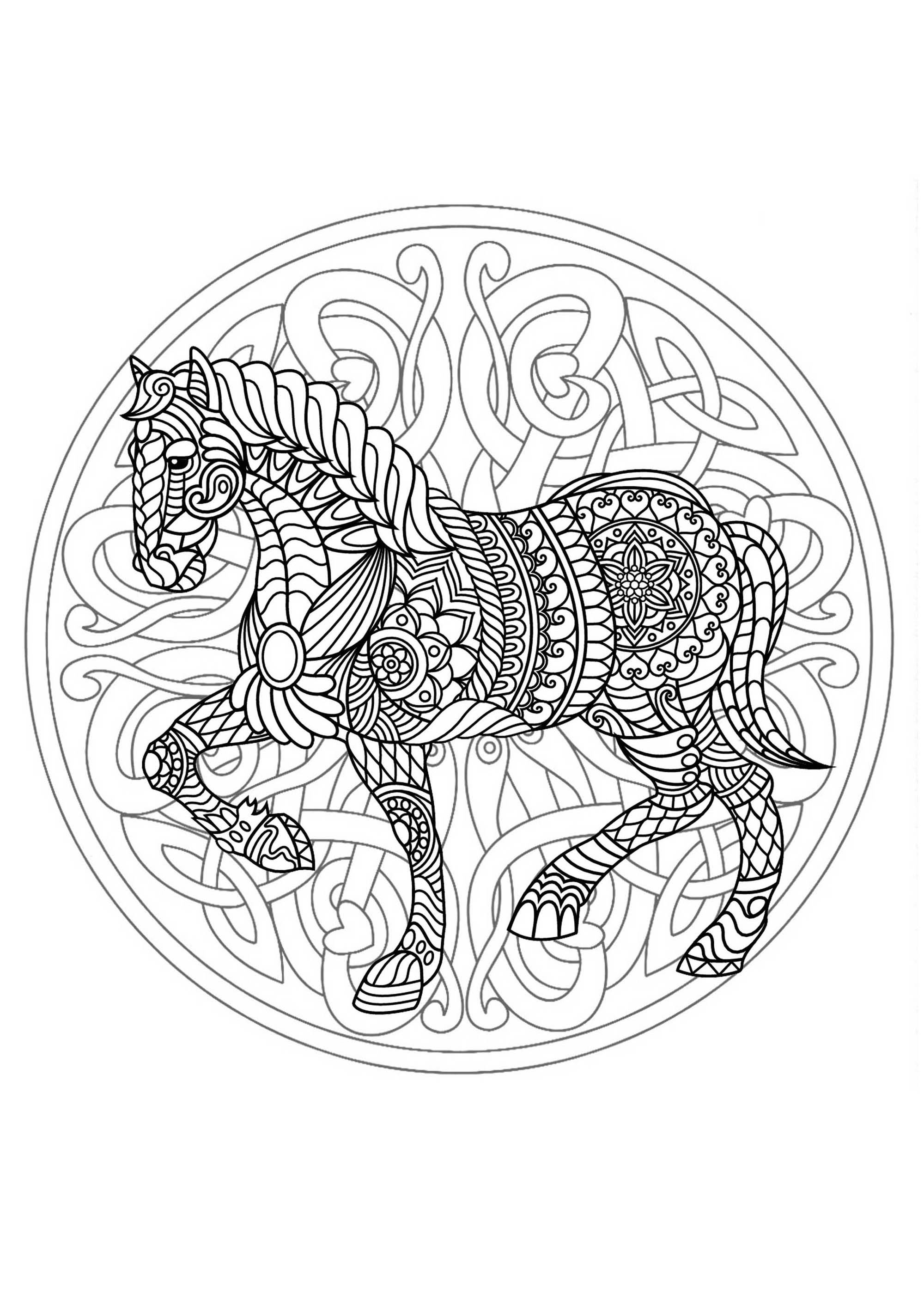 This horse is just waiting to be colored in this pretty original Mandala, it's up to you to print it and let your artistic sense guide you.