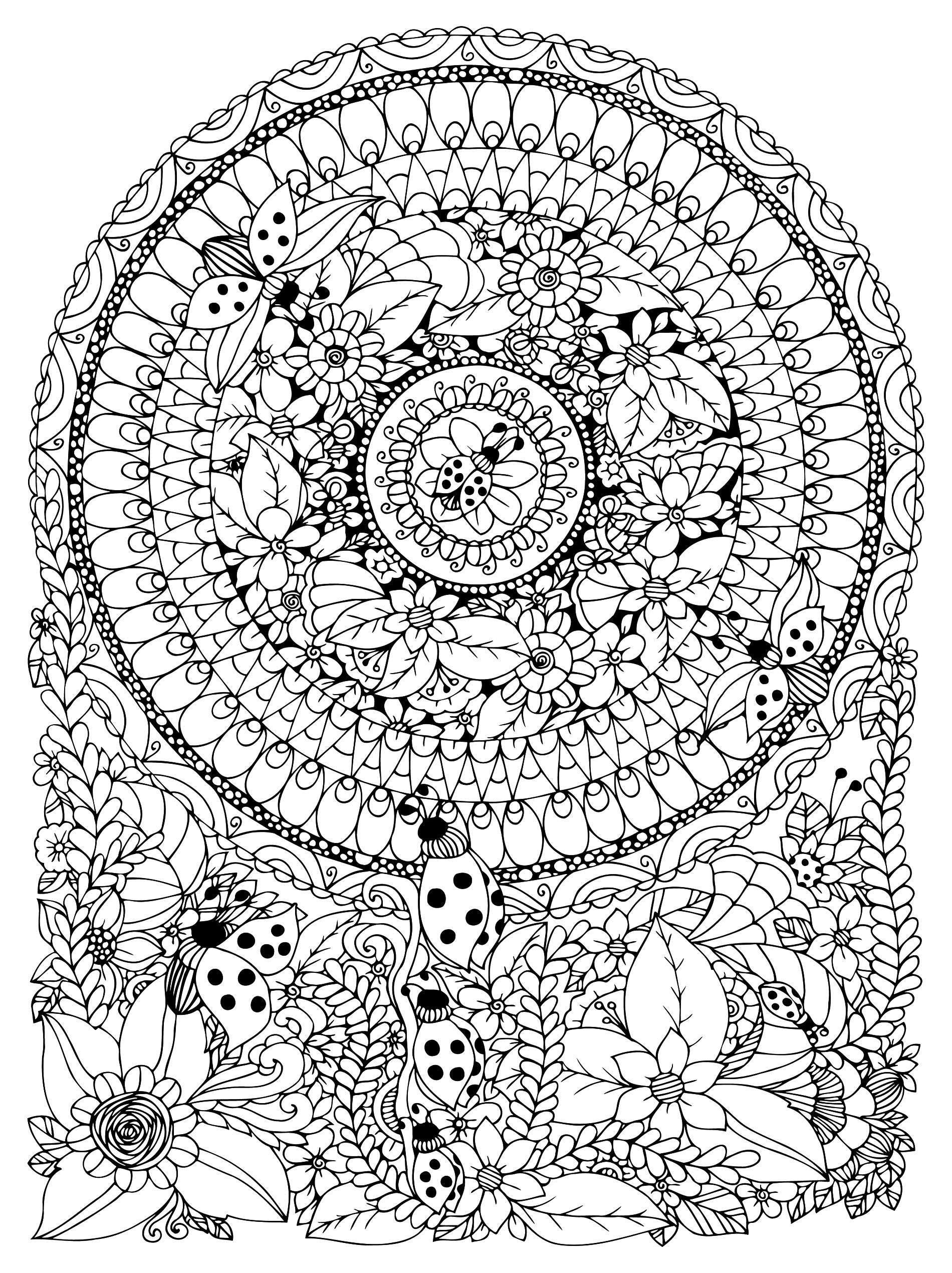 A Mandala featuring ladybugs & flowers, for those who prefer to color concrete and living elements. Do whatever it takes to get rid of any distractions that may interfere with your coloring.