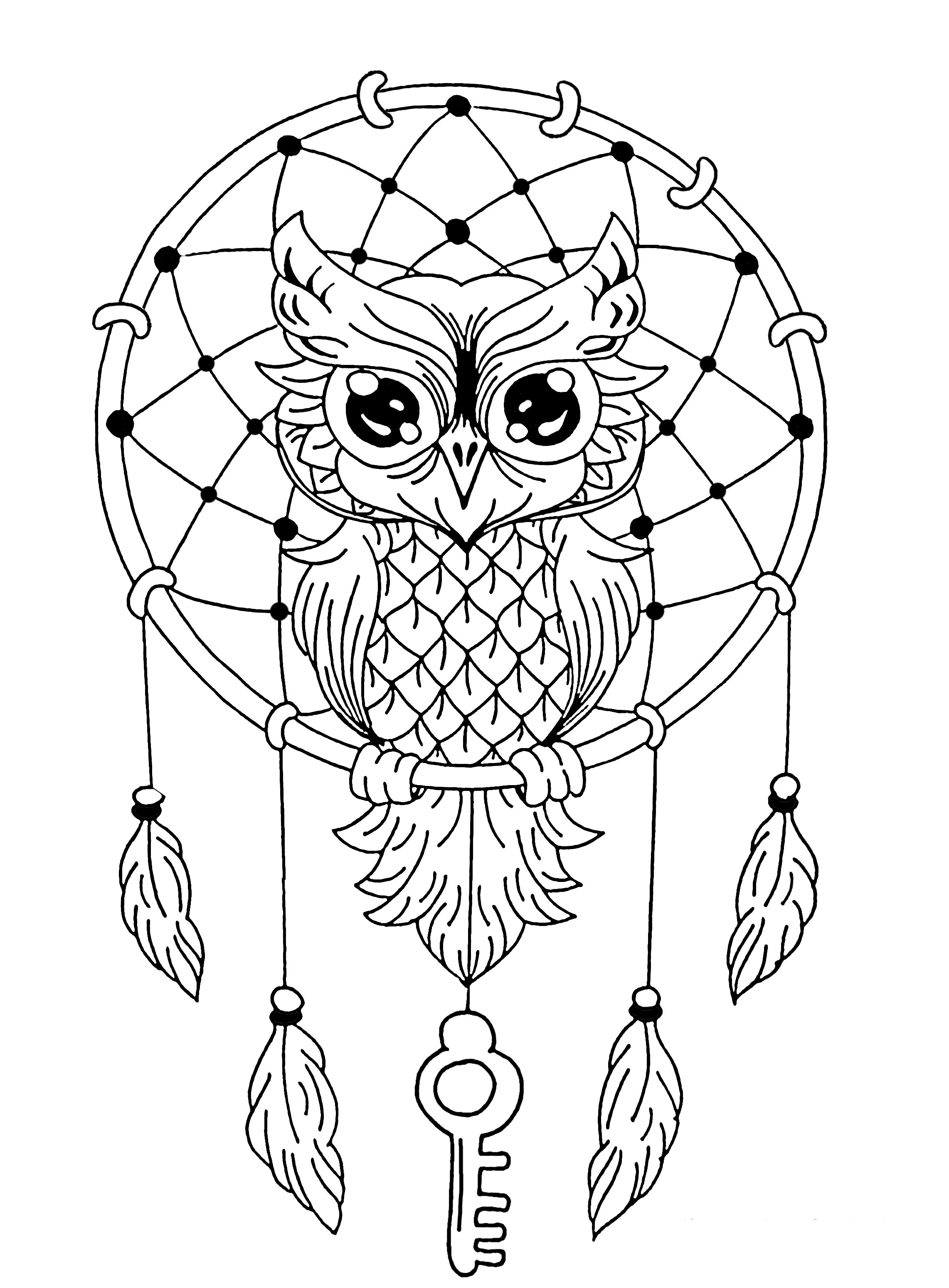 This owl in a dreamcatcher is just waiting to be colored in this pretty original Mandala, it's up to you to print it and let your artistic sense guide you.
