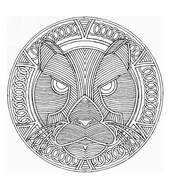 Big cat in the center of a Mandala drawing page. When coloring can really relax you ... This is the case with this Mandala coloring page of high quality.