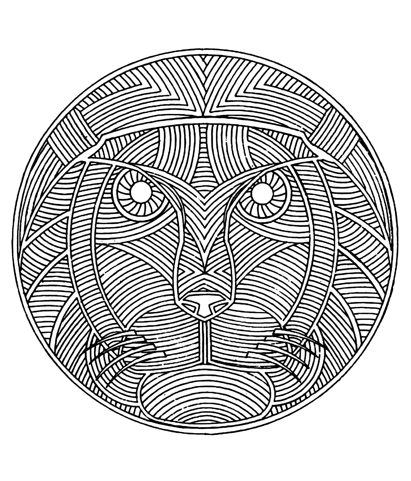 Free Mandala coloring page representing a Lion. Get ready for a zen moment with this incredible and harmonious Mandala coloring.