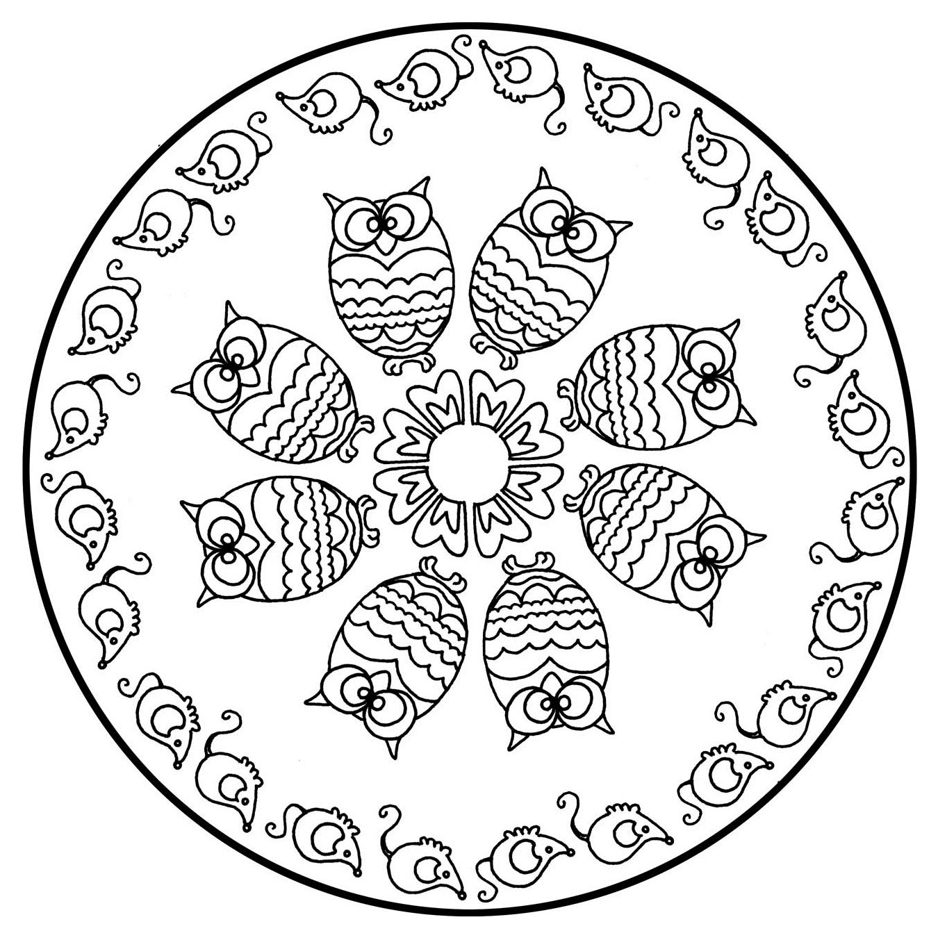 Cute and easy Mandala drawing with some owls in the middle, forming a circle. Get ready for a relaxing moment with this beautiful and simple Mandala coloring page.