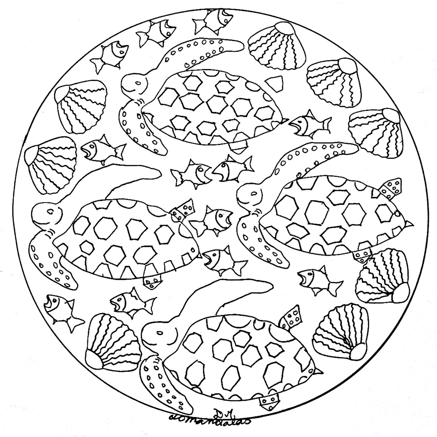 Download Hand drawn fish & shells Mandala - Mandalas with animals - 100% Mandalas Zen & Anti-stress