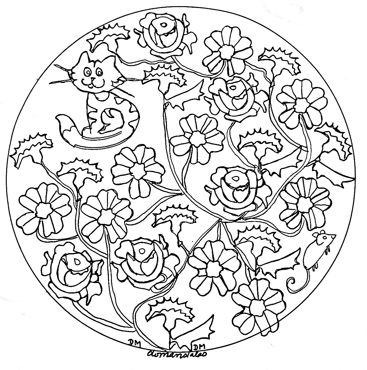 A Mandala with roses and a cute cat, for those who prefer Nature. It can sometimes be even more relaxing when coloring and passively listening to music : don't hesitate to do it !