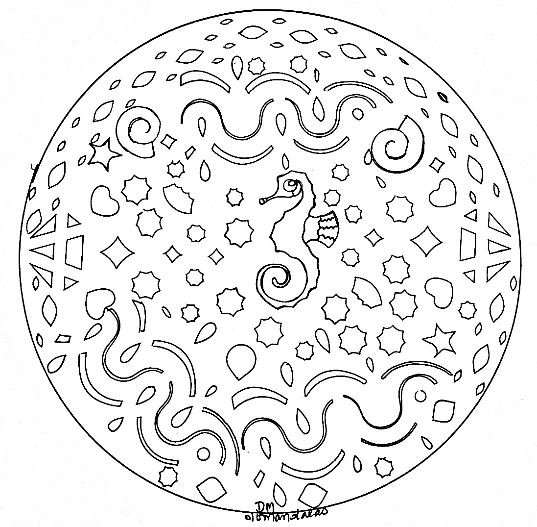 A beautiful Mandala coloring page with little sea horse, hand drawn. It's up to you to choose the most appropriate colors. You must clear your mind and allow yourself to forget all your worries and responsibilities.