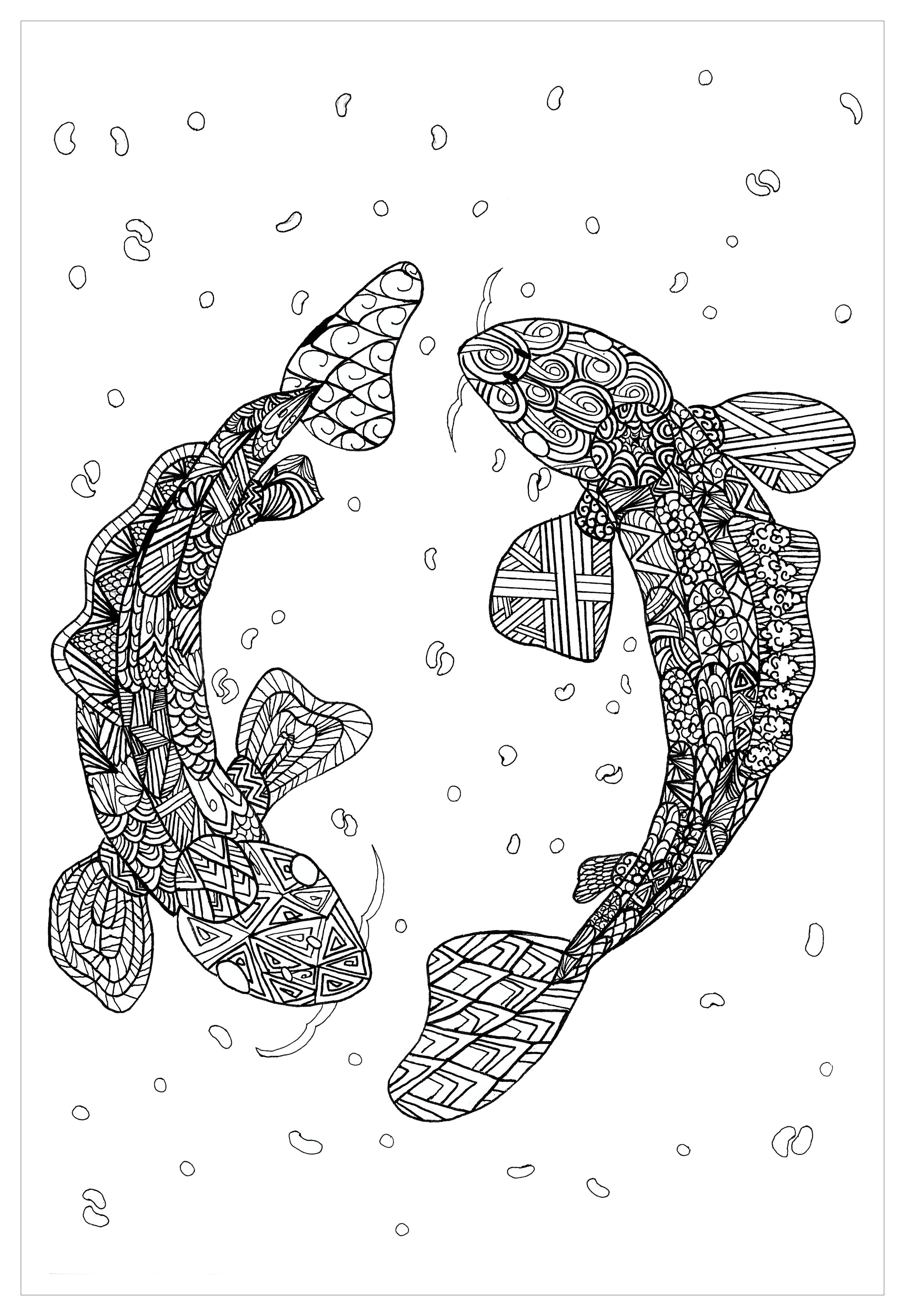 Koi carps (famous Japanese fishes) forming a Mandala, for those who prefer Nature. It can sometimes be even more relaxing when coloring and passively listening to music : don't hesitate to do it !