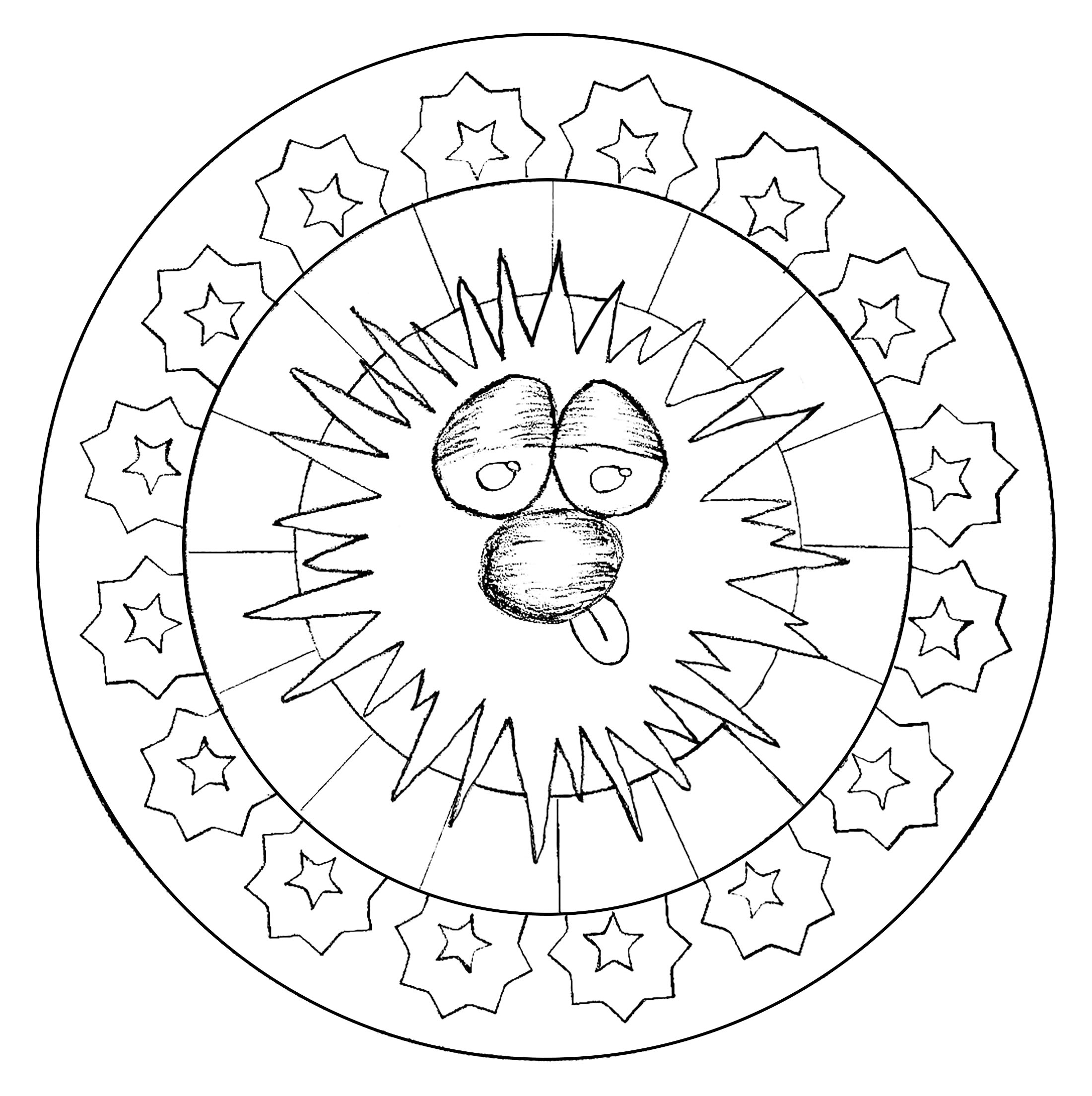 Mandala with funny head (hand drawn) and abstract simple patterns.