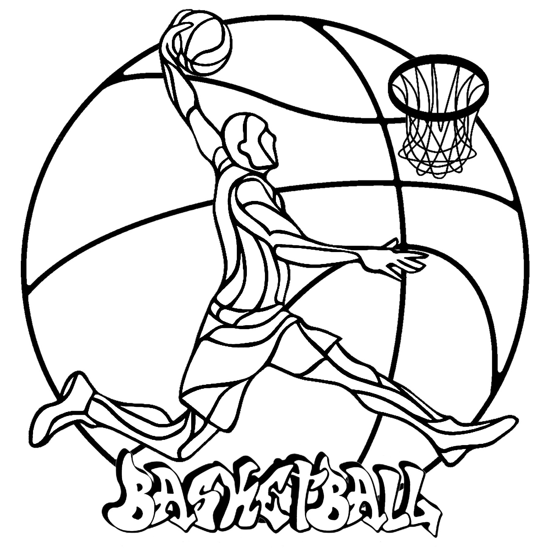 A Basketball player in the center of a basketball. A very simple Mandala for kids who like this sport, Artist : Art'Isabelle