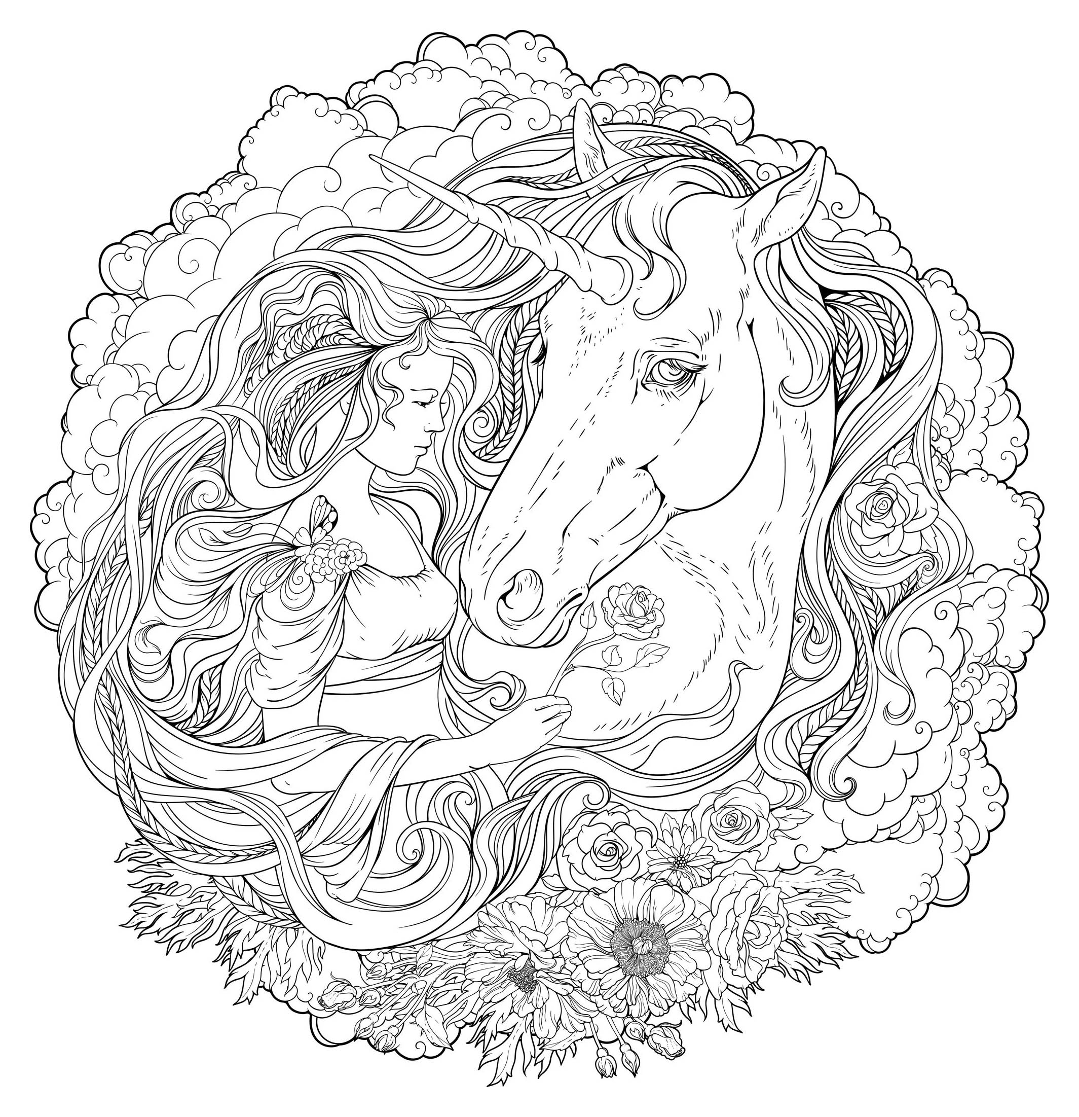 Unicorn and girl in the clouds, with beautiful flowers. An incredible Mandala with very fine lines, Source : 123rf   Artist : Nadiia Zhebrakovska