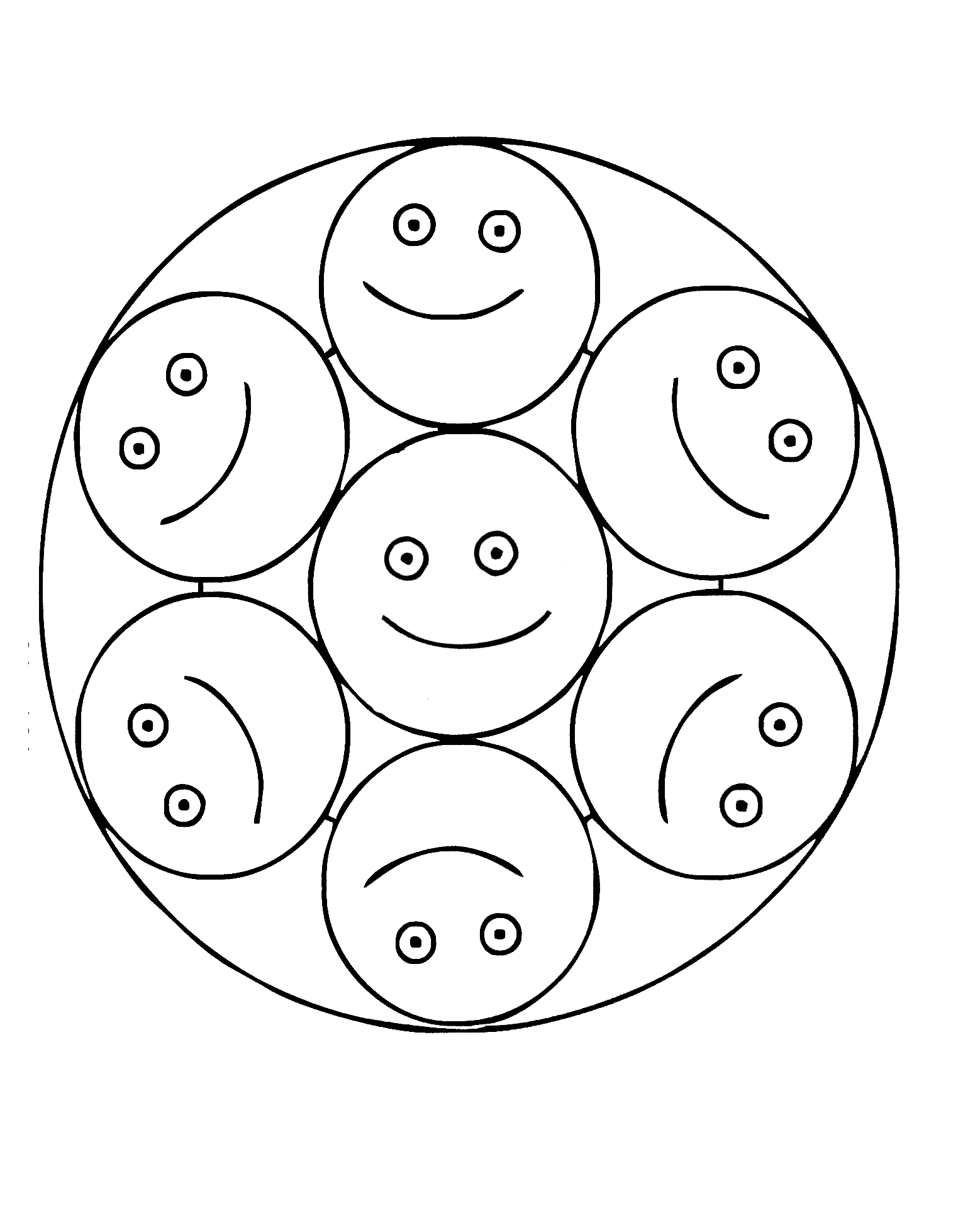 Simple Mandala with 7 Smiling faces. Perfect for kids.