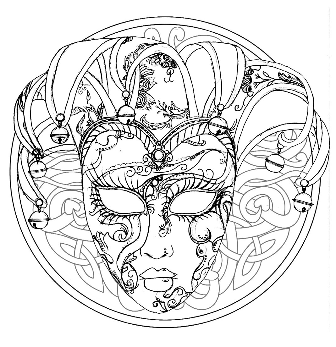 Color this Mandala with Venice Carnival Mask, with interlaced elements in background.