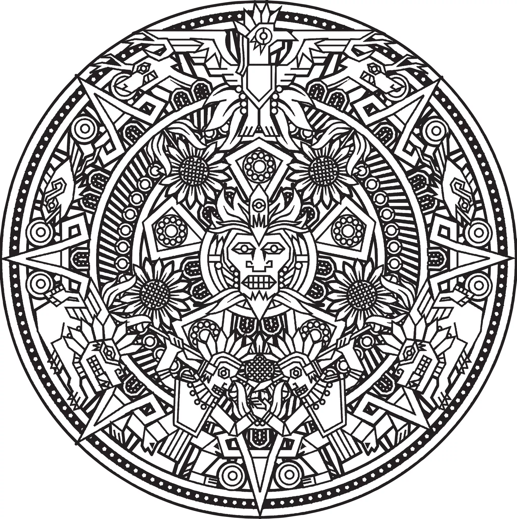 Inca or Maya God mandala to color by Bigredlynx (Difficult Mandalas (for adults))