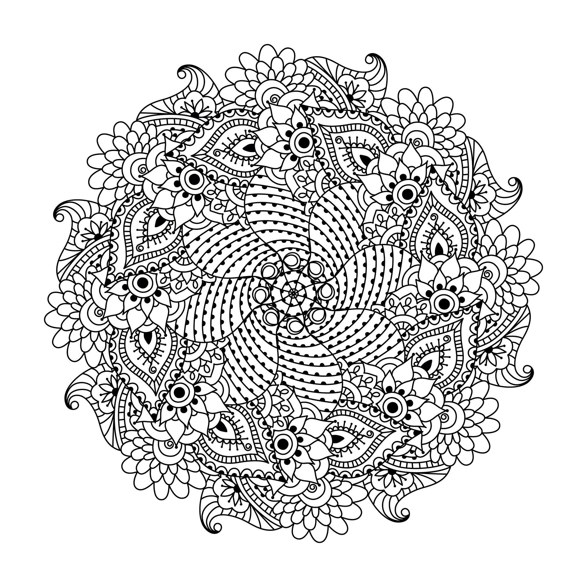 Symmetrical Mandala with vegetal designs. A drawing quite difficult to color, perfect if you like to color small areas, and if you like various details.