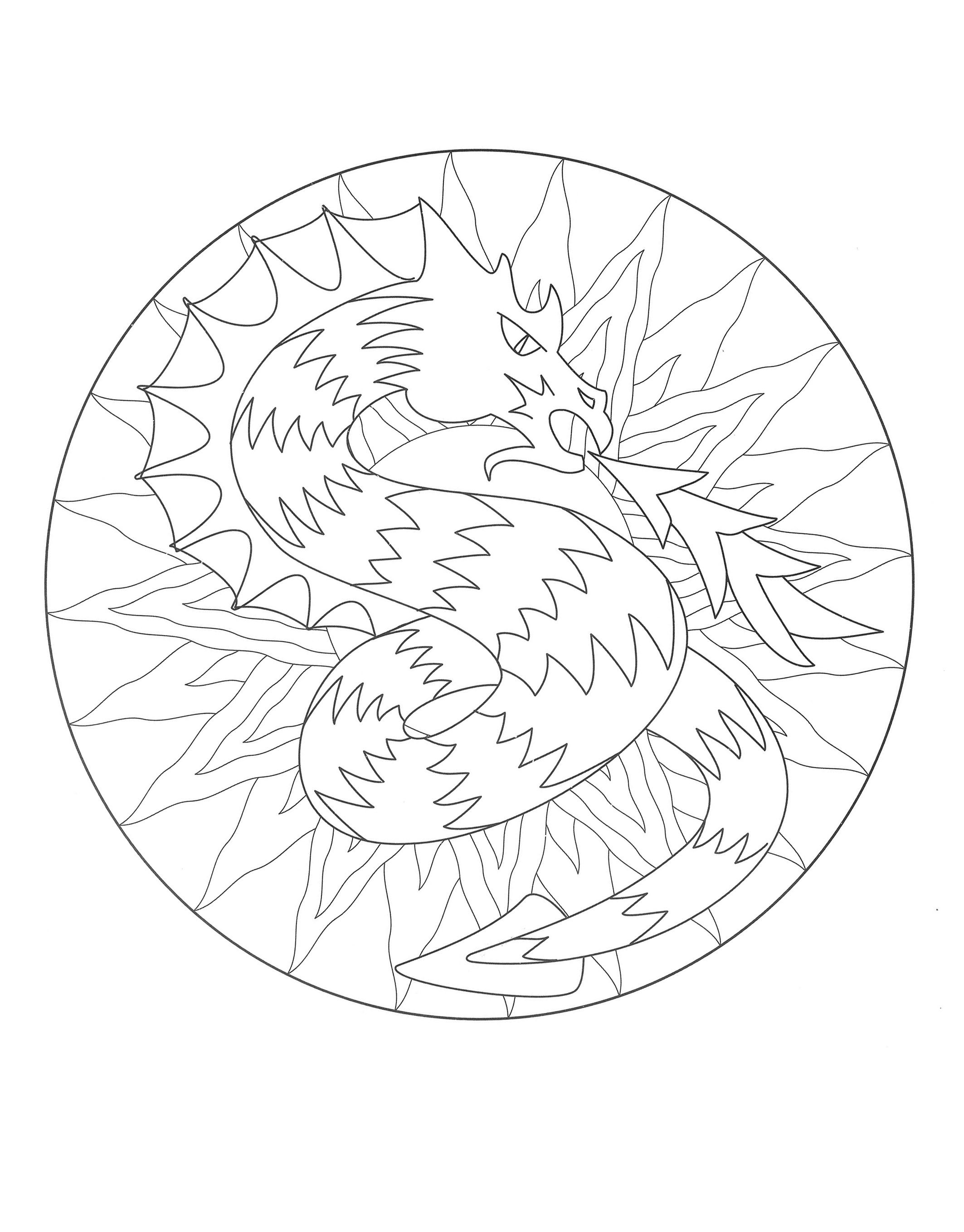 Free Dragon Mandala Coloring page. Many small patterns and little details for a Mandala coloring page of good quality. Still your mind : this step is essential to get the most out of coloring to reduce your stress