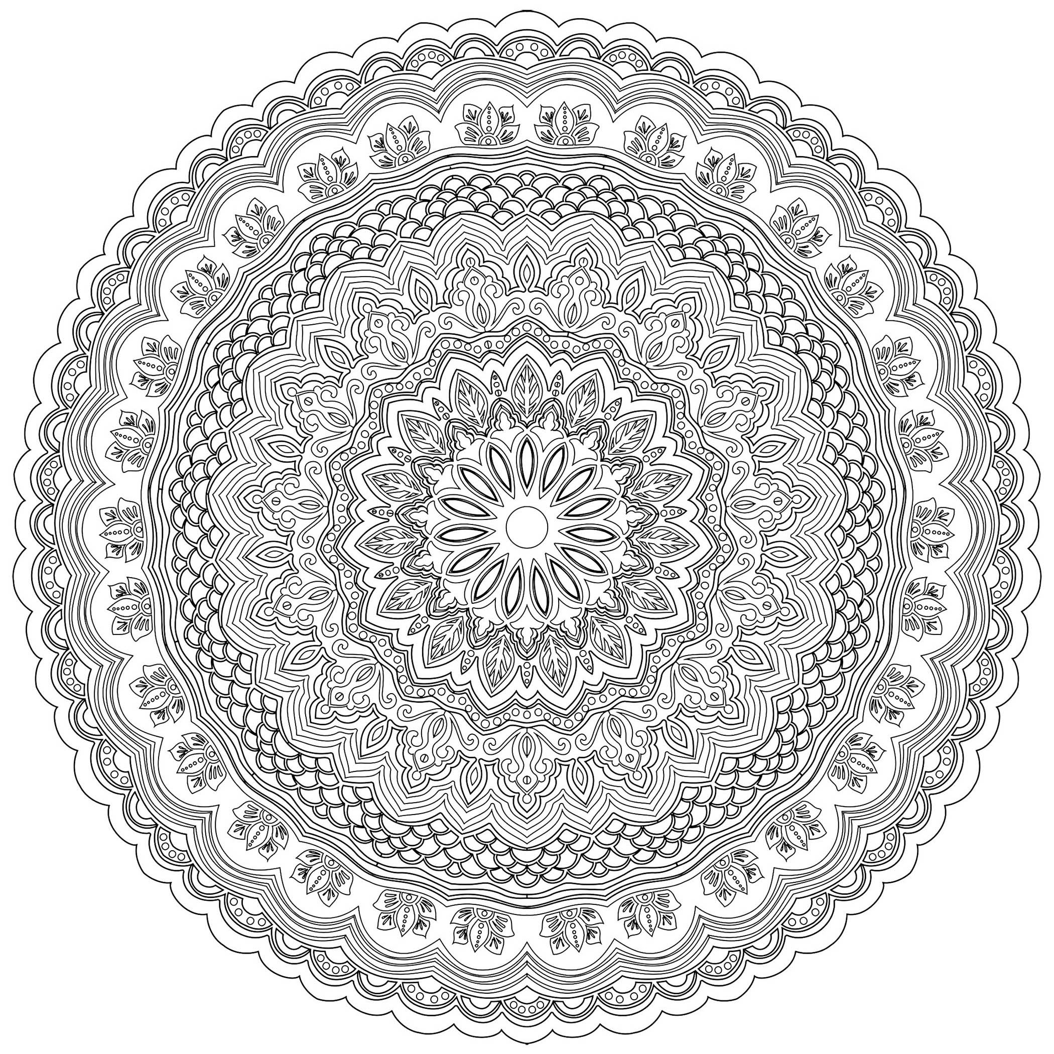 Prepare your pens and pencils to color this excellent Mandala full of small little details and intricate areas. Feel free to let your instincts decide where to color, and what colors to choose : blue, yellow, green, red, orange ...