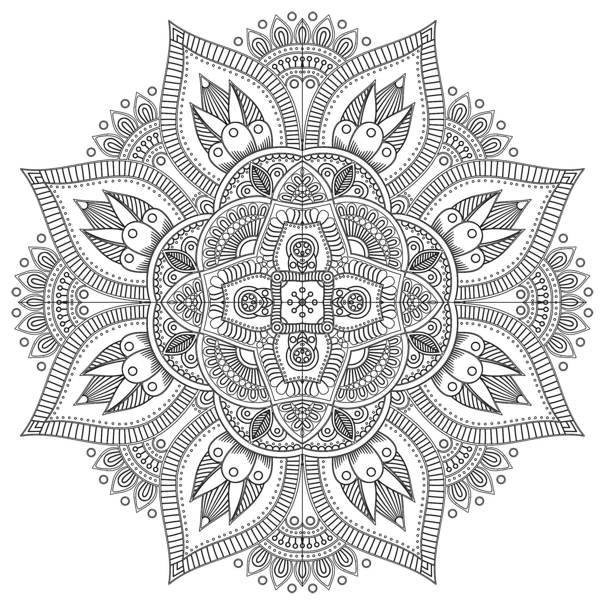 A Mandala coloring page with a lot of details, very unique, perfect if you like complex coloring pages, and if you like to express your creativity. Its eight extremities are really beautiful !