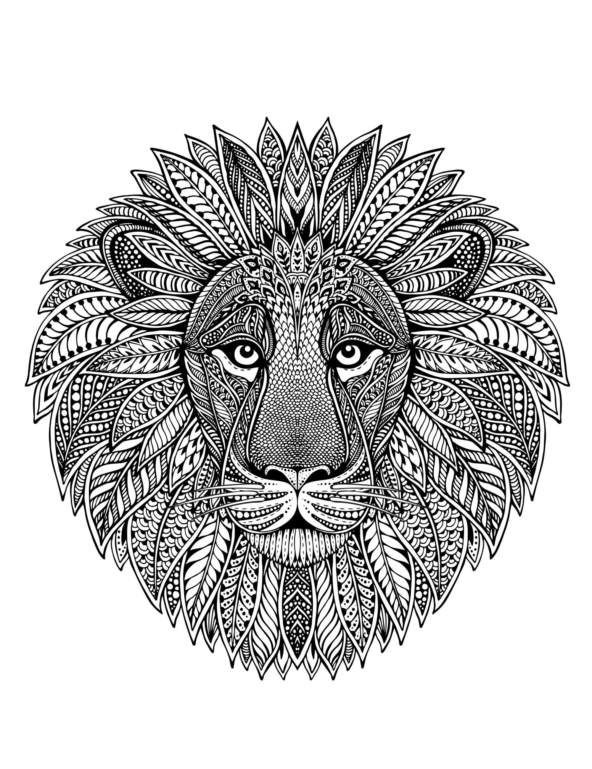 Lion head as Mandala. If you are ready to spend long minutes of relaxation, get ready to color this complex Mandala ... You can use many colors if you wish. You must clear your mind and allow yourself to forget all your worries and responsibilities.