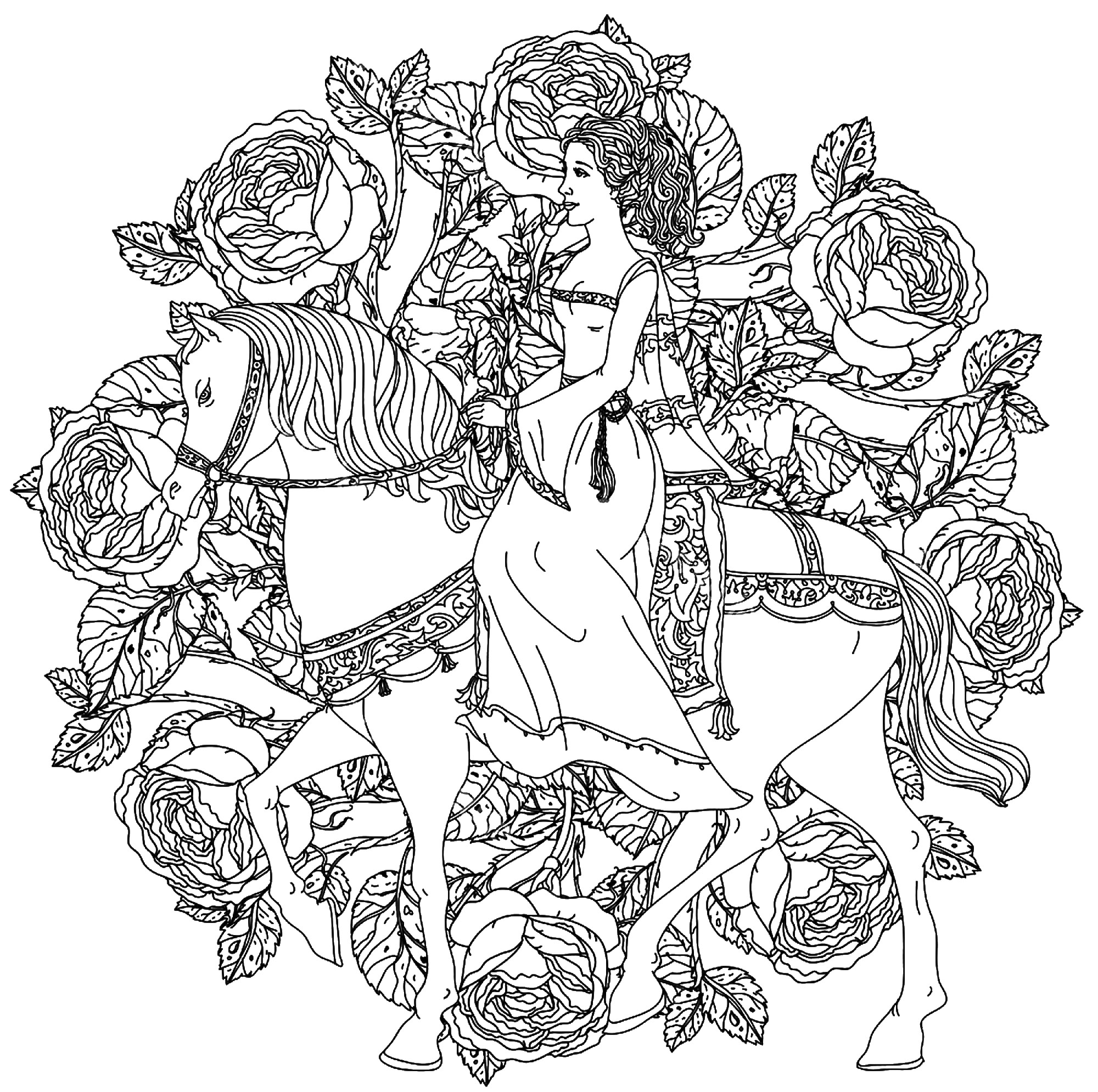 A Princess and her horse, in a complex Mandala with roses. If you are ready to spend long minutes of relaxation, get ready to color this complex Mandala ... You can use many colors if you wish. You must clear your mind and allow yourself to forget all your worries and responsibilities.