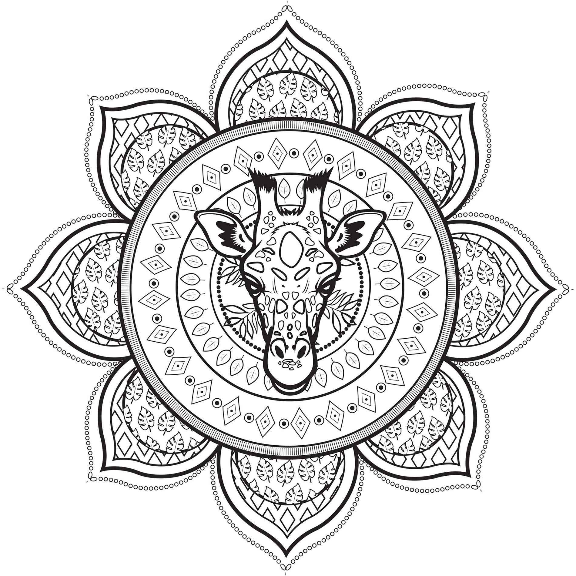 If you are ready to spend long minutes of relaxation, get ready to color this complex Mandala with a giraffe head ... You can use few or many colors, it's like you prefer. You must clear your mind and allow yourself to forget all your worries and responsibilities.