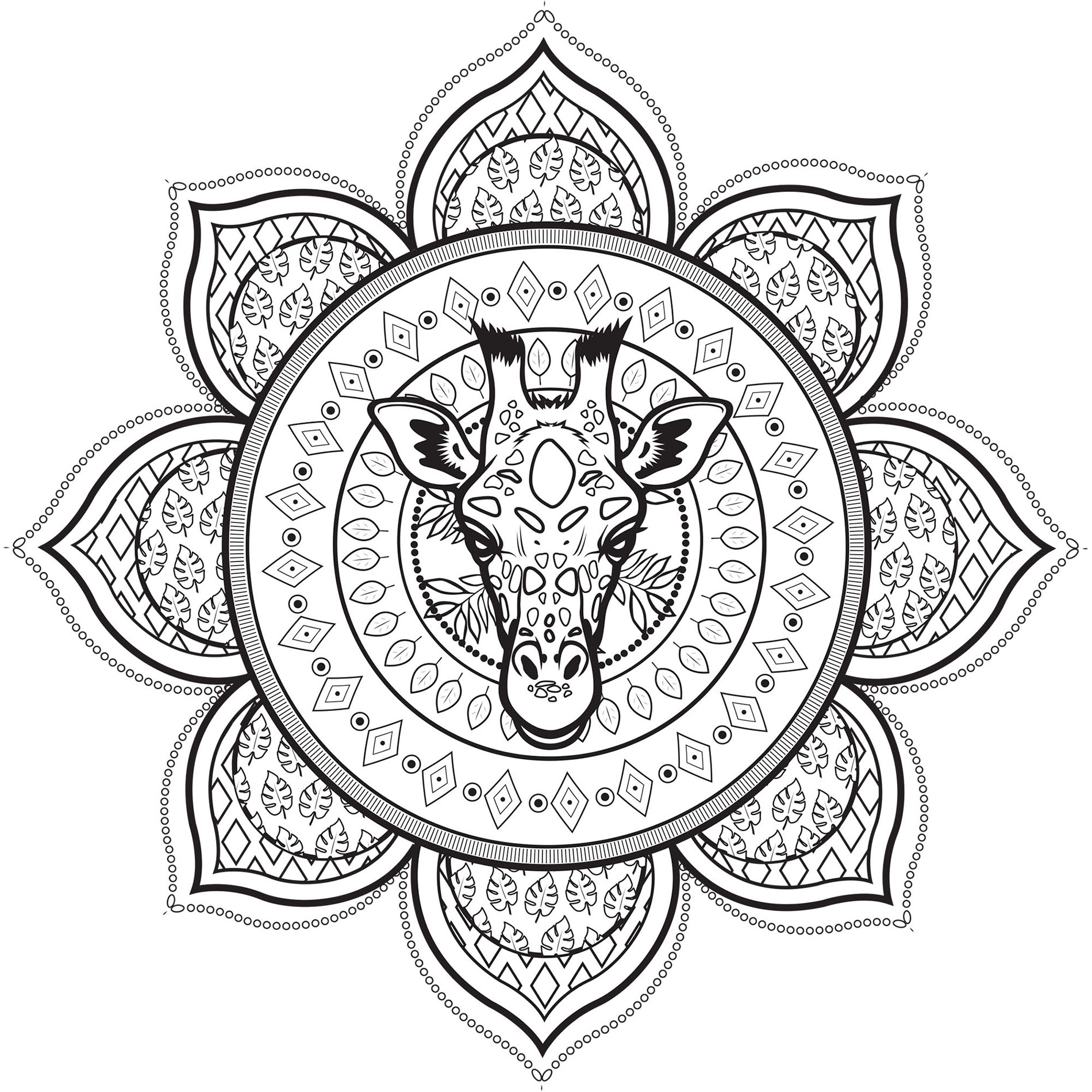 If you are ready to spend long minutes of relaxation, get ready to color this complex Mandala with a giraffe head ... You can use few or many colors, it's like you prefer. You must clear your mind and allow yourself to forget all your worries and responsibilities, Artist : Léa