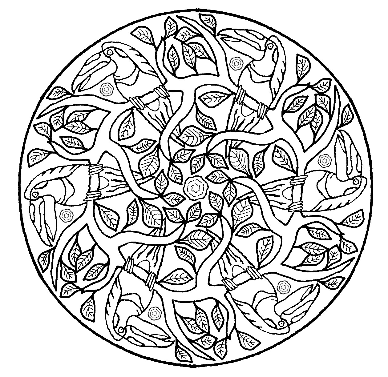 Download Mandala with tree branches & parrots - Difficult Mandalas ...