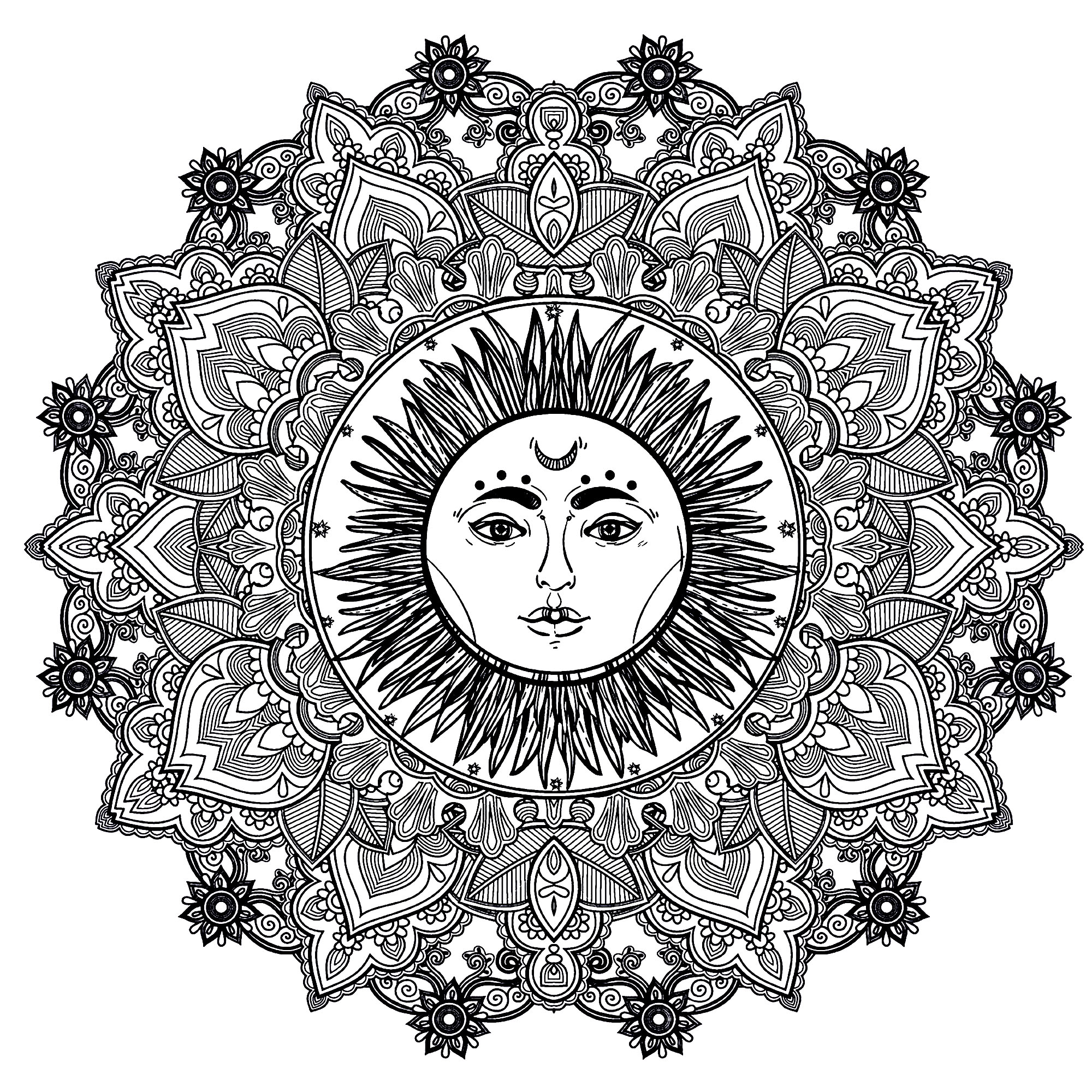 Prepare your pencils and pens to color this incredible Mandala coloring page with little details and a beautiful 'Sun face' in the middle. It can sometimes be even more relaxing when coloring and passively listening to music : don't hesitate to do it !