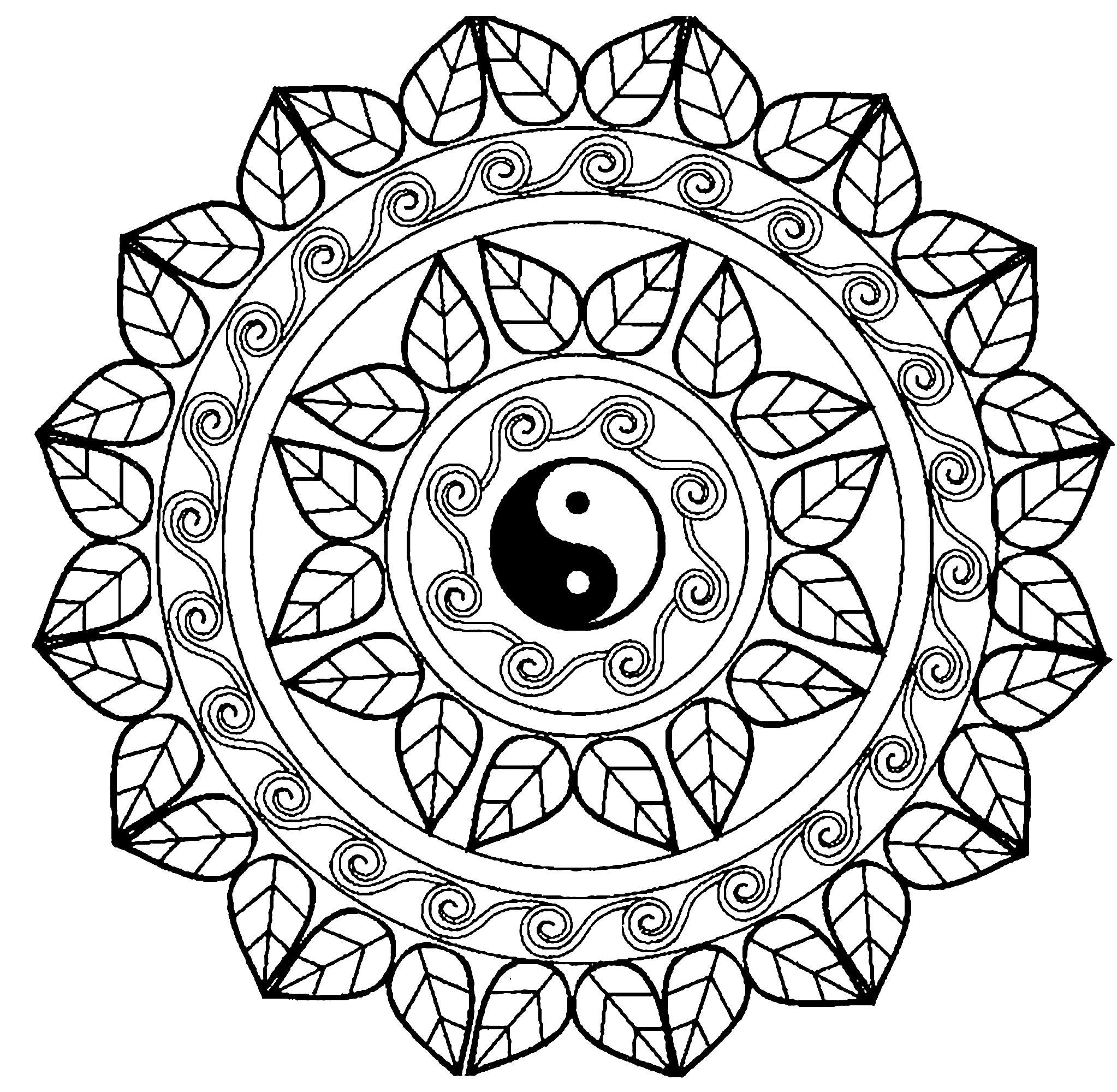 A Mandala coloring page with a lot of details, elegant leaves and in the middle a Yin & Yang symbol ... perfect if you like complex coloring pages, and if you like to express your creativity.