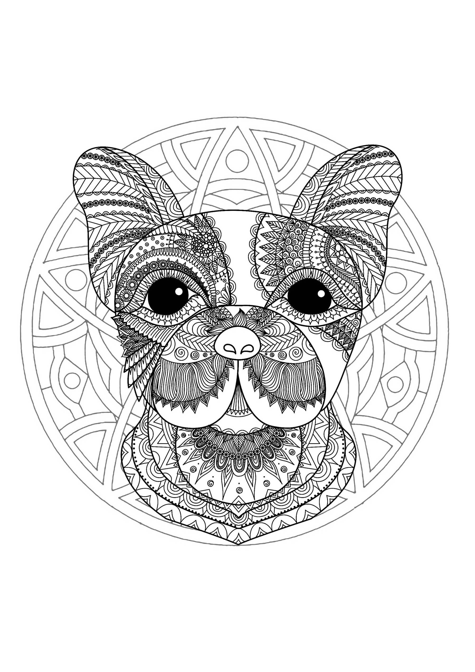 Dog head in a difficult Mandala. Many small details and little areas for a Mandala very original and harmonious. Do whatever it takes to get rid of any distractions that may interfere with your coloring.