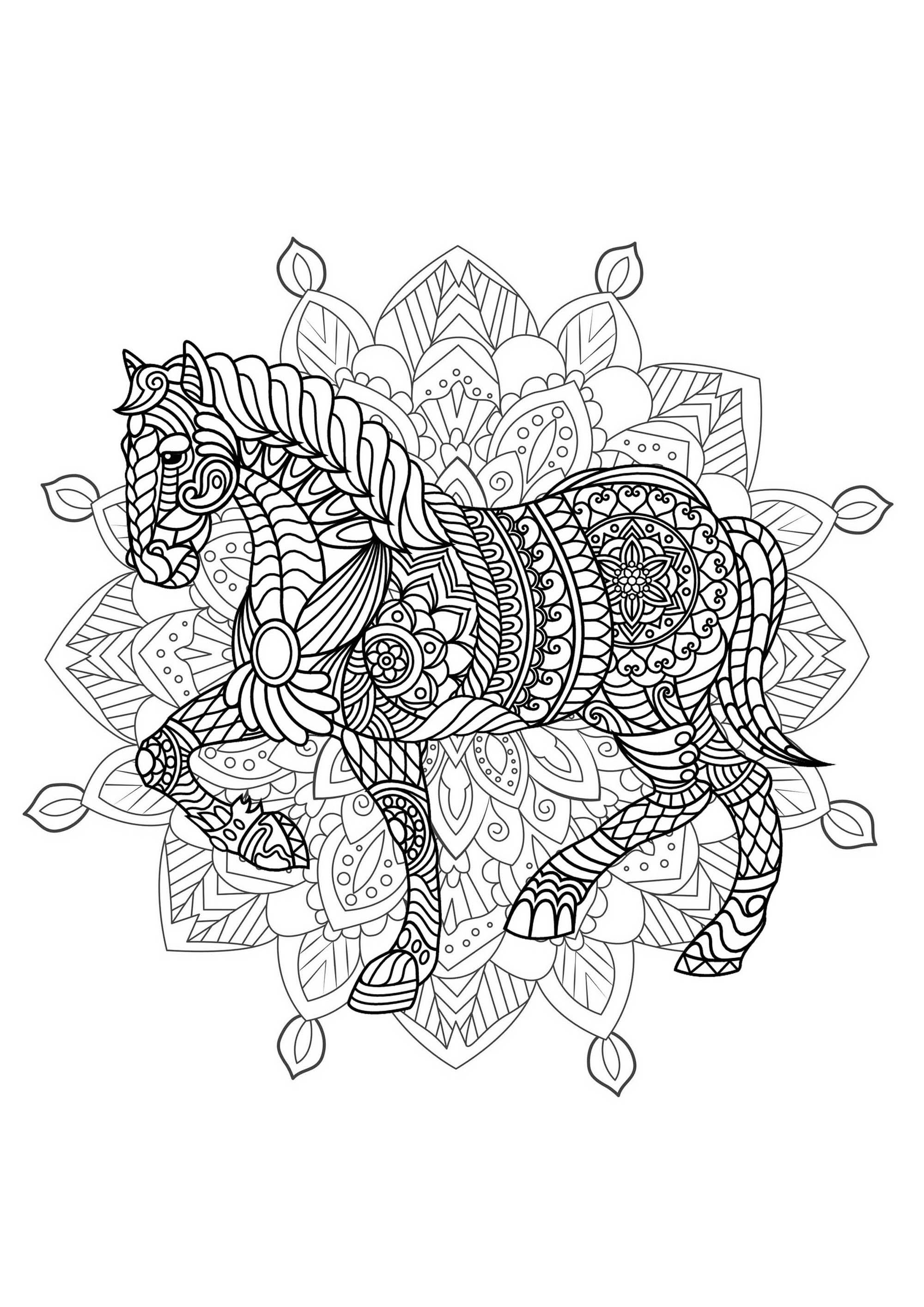 Horse integrated in a difficult Mandala. Many small details and little areas for a Mandala very original and harmonious. Do whatever it takes to get rid of any distractions that may interfere with your coloring.