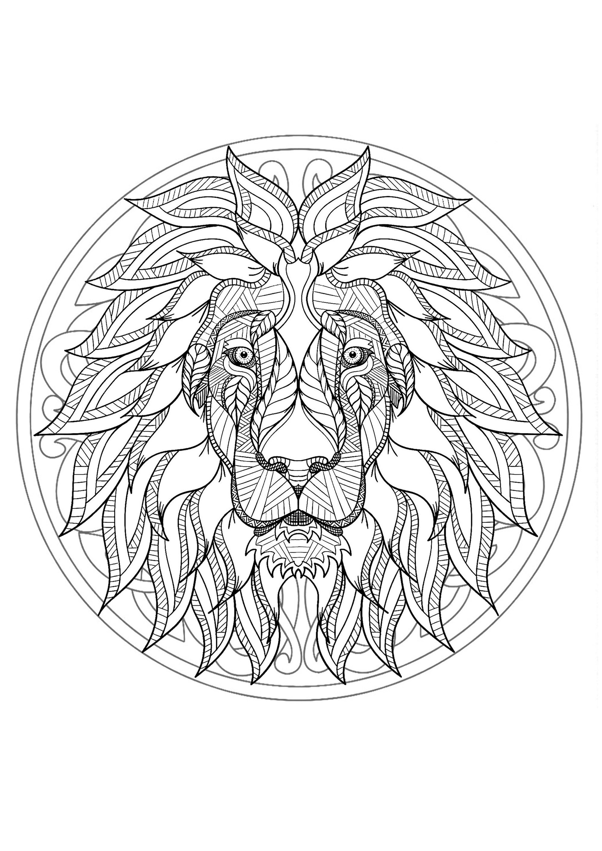 Lion head in a difficult Mandala. Prepare your pencils and pens to color this incredible Mandala coloring page with little details. It can sometimes be even more relaxing when coloring and passively listening to music : don't hesitate to do it !