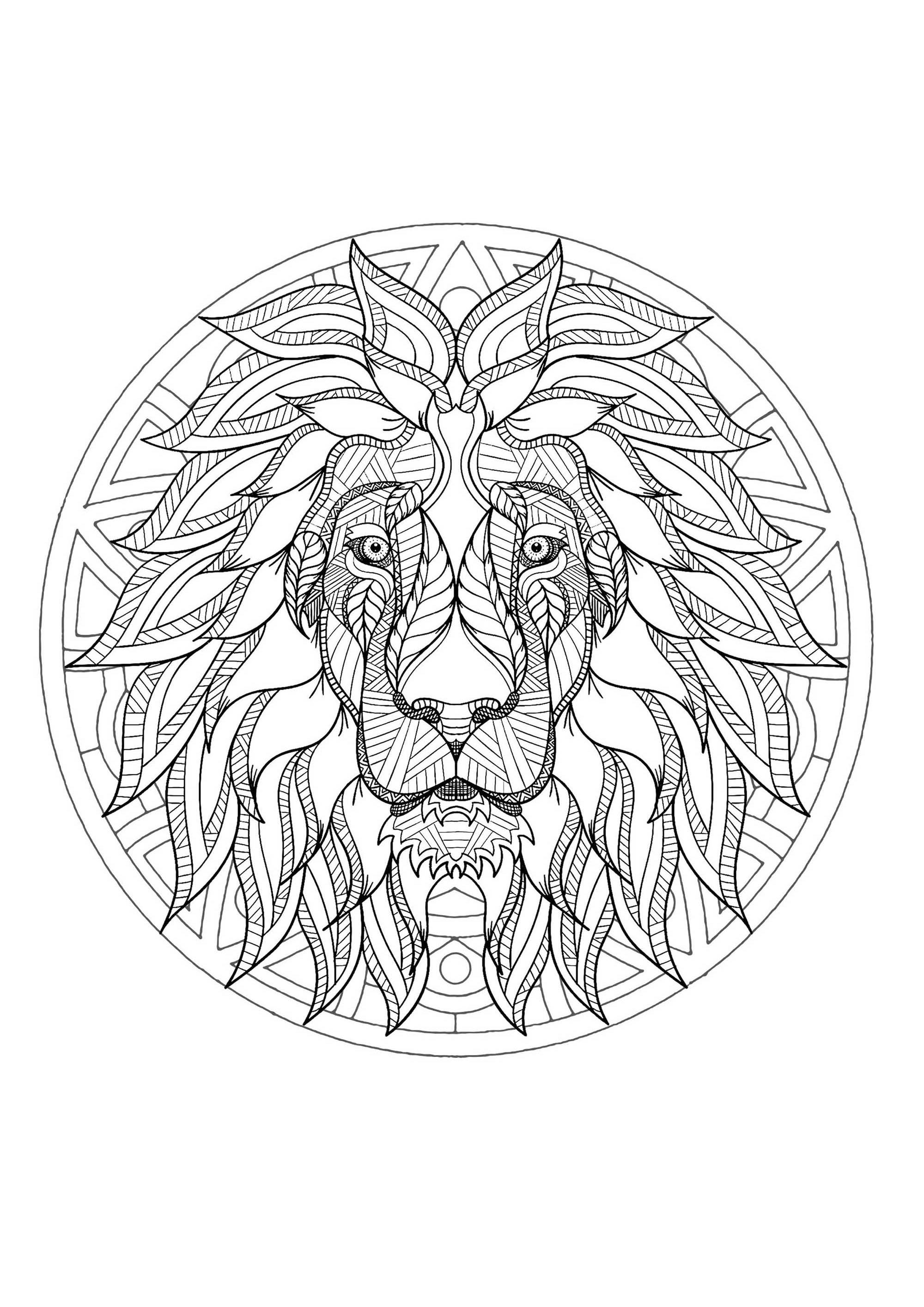 Lion head in a difficult Mandala. Many small patterns and little details for a Mandala coloring page of good quality. Still your mind : this step is essential to get the most out of coloring to reduce your stress