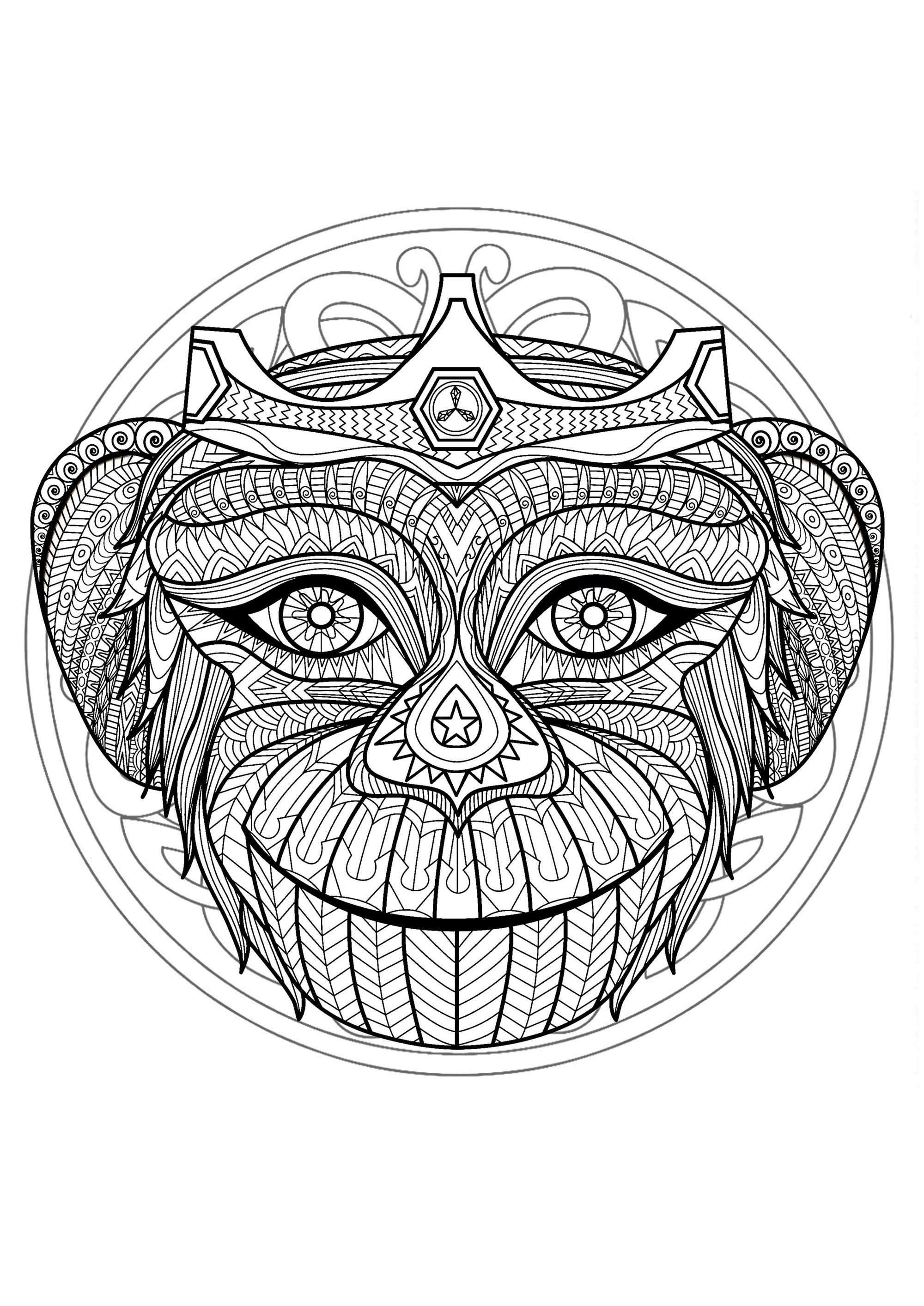 Monkey head in a difficult Mandala. Prepare your pens and pencils to color this Mandala full of small details and intricate areas. Feel free to let your instincts decide where to color, and what colors to choose.