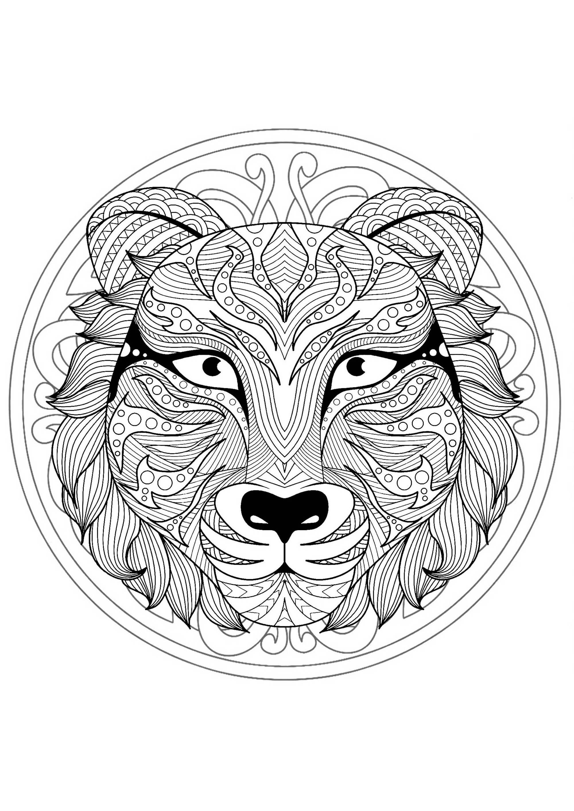 Tiger head in a difficult Mandala. Many small details and little areas for a Mandala very original and harmonious. Do whatever it takes to get rid of any distractions that may interfere with your coloring.