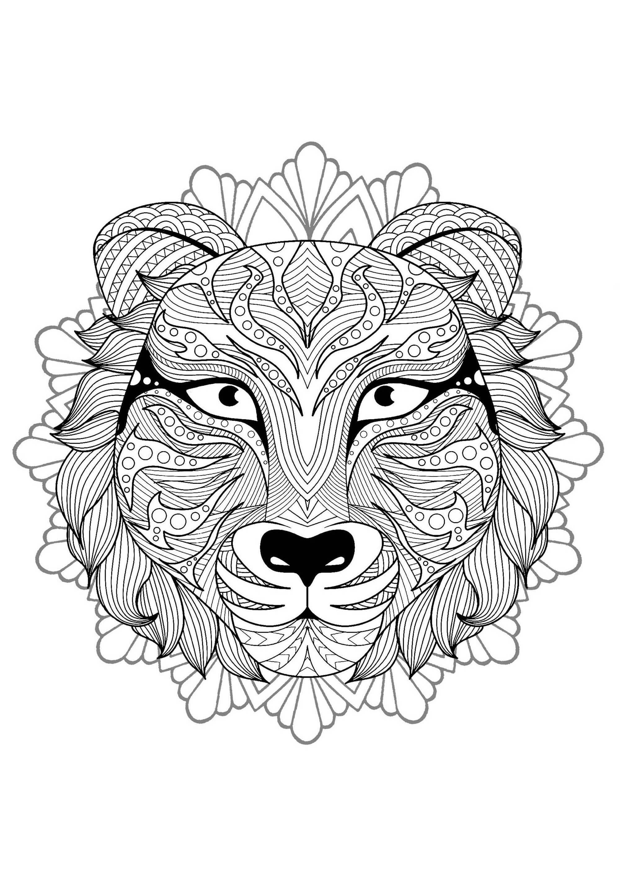 Tiger head in a difficult Mandala. Prepare your pencils and pens to color this incredible Mandala coloring page with little details. It can sometimes be even more relaxing when coloring and passively listening to music : don't hesitate to do it !