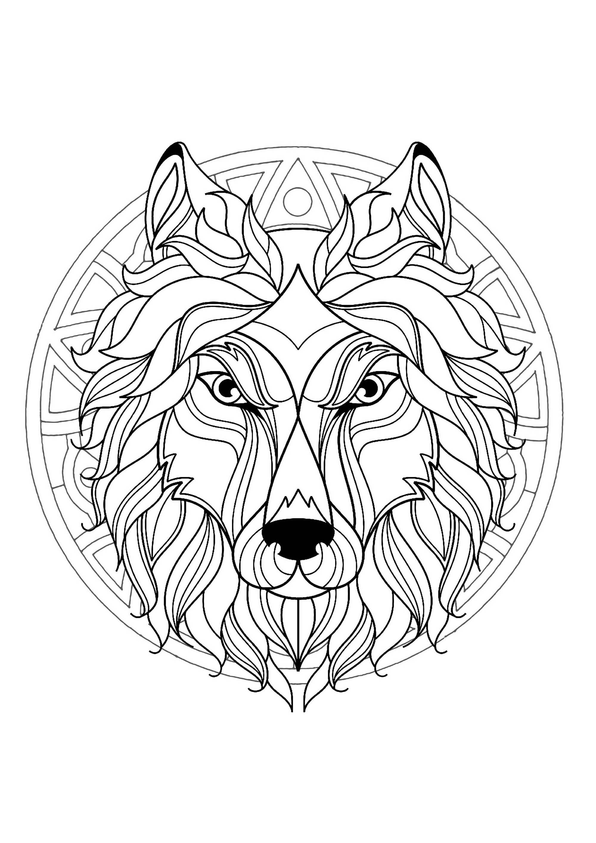 Wolf head in a difficult Mandala. If you are ready to spend long minutes of relaxation, get ready to color this complex Mandala ... You can use many colors if you wish. You must clear your mind and allow yourself to forget all your worries and responsibilities.