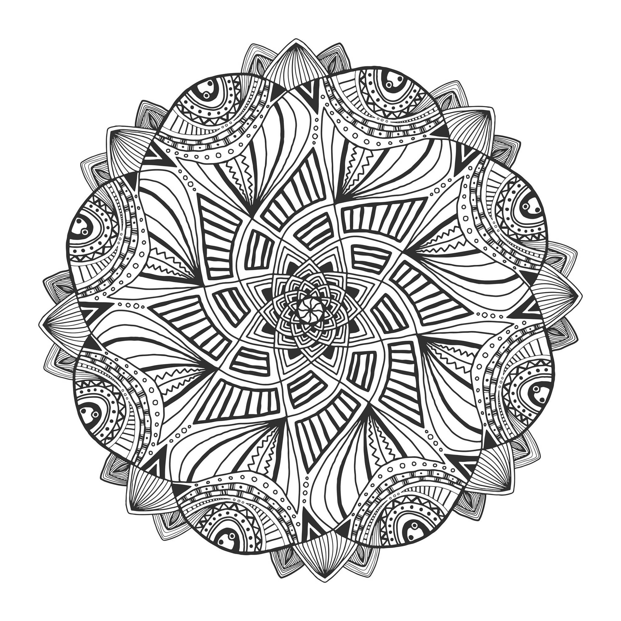 If you are ready to spend long minutes of relaxation, get ready to color this complex and really hypnotic Mandala ... You can use few or many colors, it's like you prefer. You must clear your mind and allow yourself to forget all your worries and responsibilities.