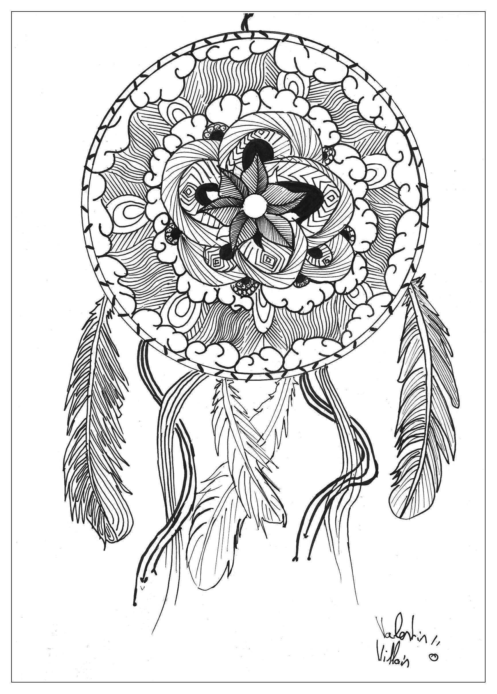 Many small details and little areas for a Mandala very original and harmonious, representing a Dreamcatcher. Do whatever it takes to get rid of any distractions that may interfere with your coloring. Look at these beautiful feathers !