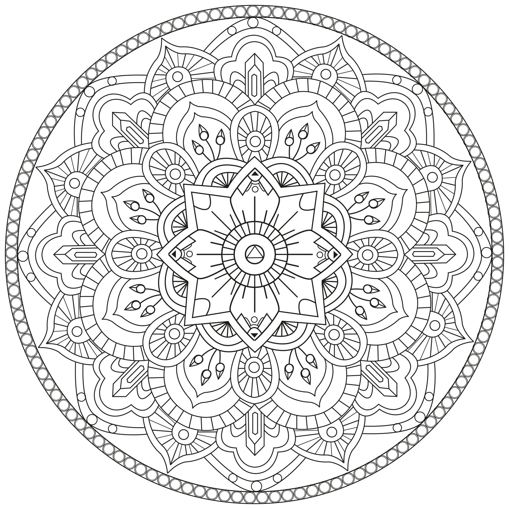 A Mandala coloring page with a lot of fine and elegant details, perfect if you like complex coloring pages, and if you like to express your creativity.